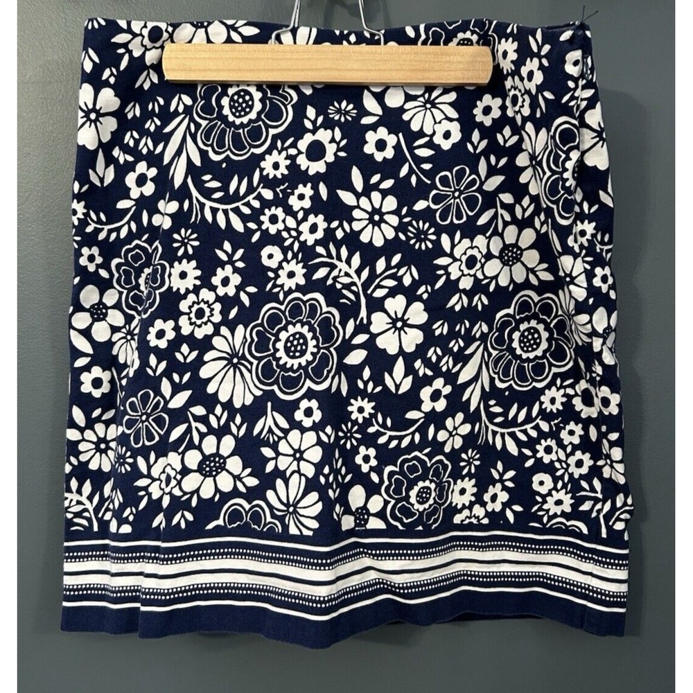Talbots Women Navy Blue White Floral Lined Classic Cotton A-Line Skirt Size 8